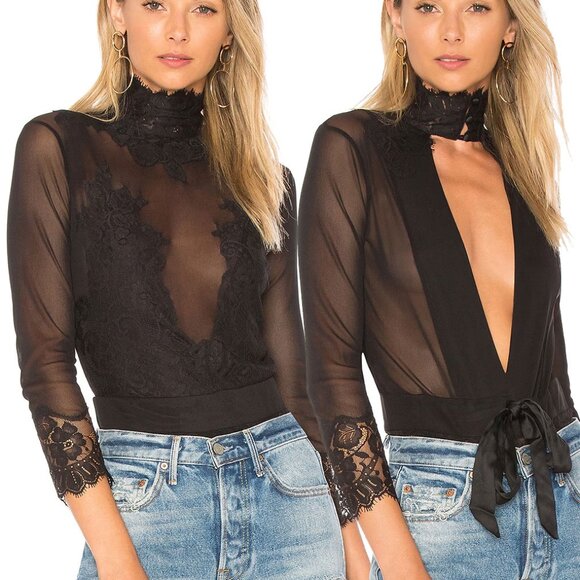 Free People Tops - *50off3* NWT We Are HAH Take HAH Bow Reversible Bodysuit XS Noir Black Lace Mesh